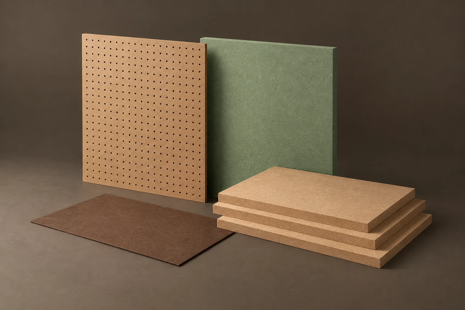 MDF sheets, green moisture-resistant board, perforated pegboard and thin hardboard
