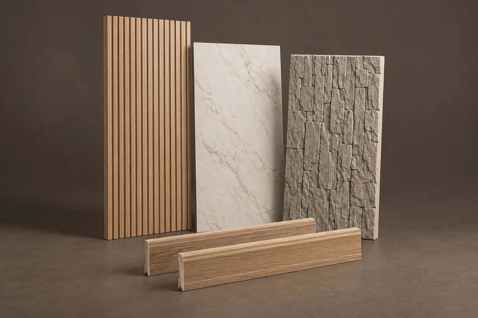 Fluted wall panel, marble-look decorative board, stone-effect panel and skirting profiles