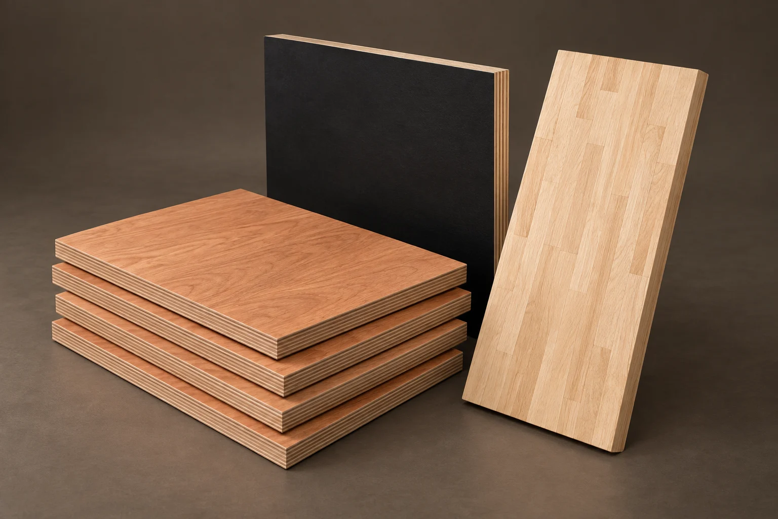 Hardwood plywood sheets, black film-faced plywood and an edge-glued timber board
