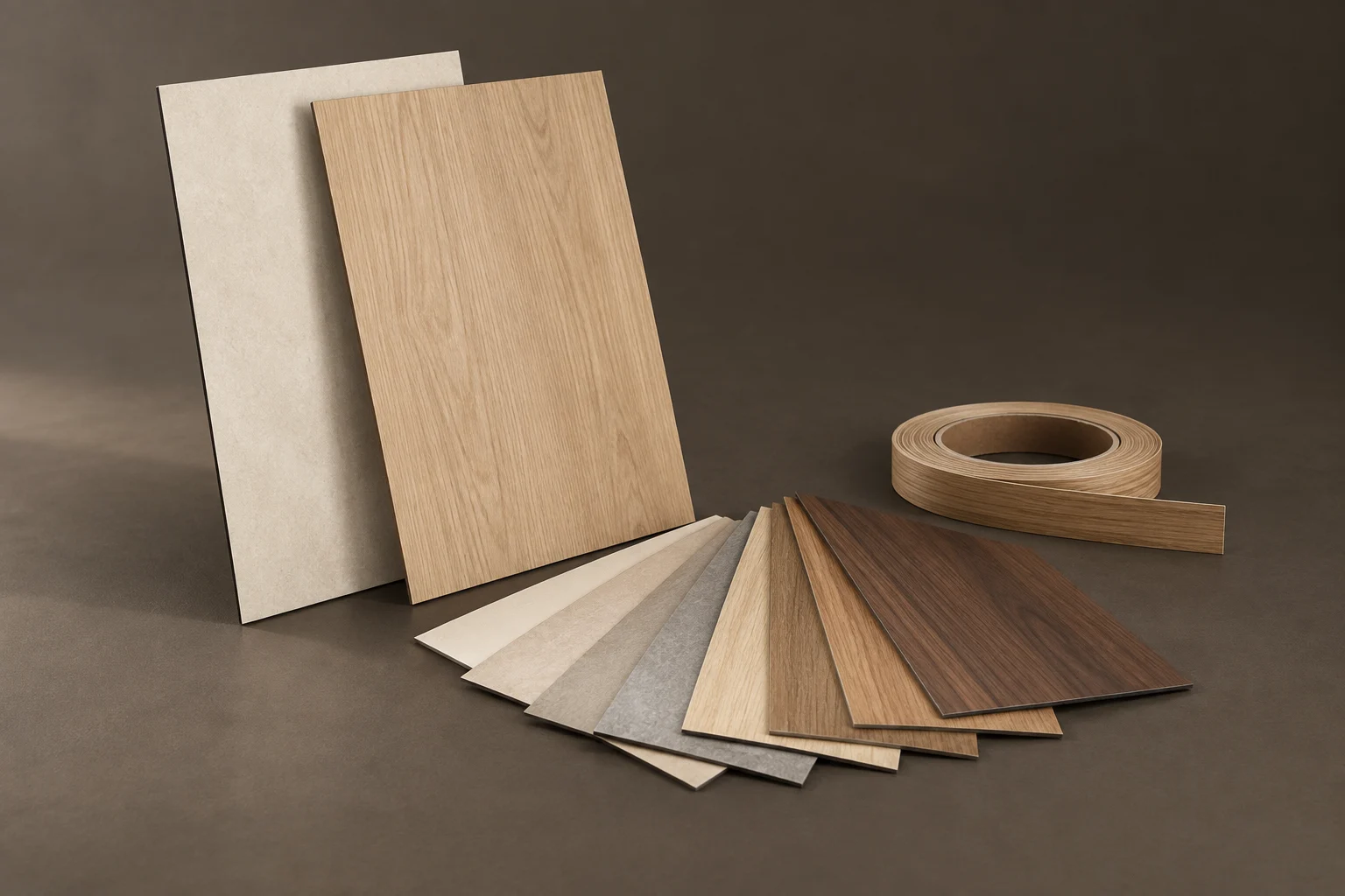 Thin laminate finish samples and a roll of woodgrain edge banding