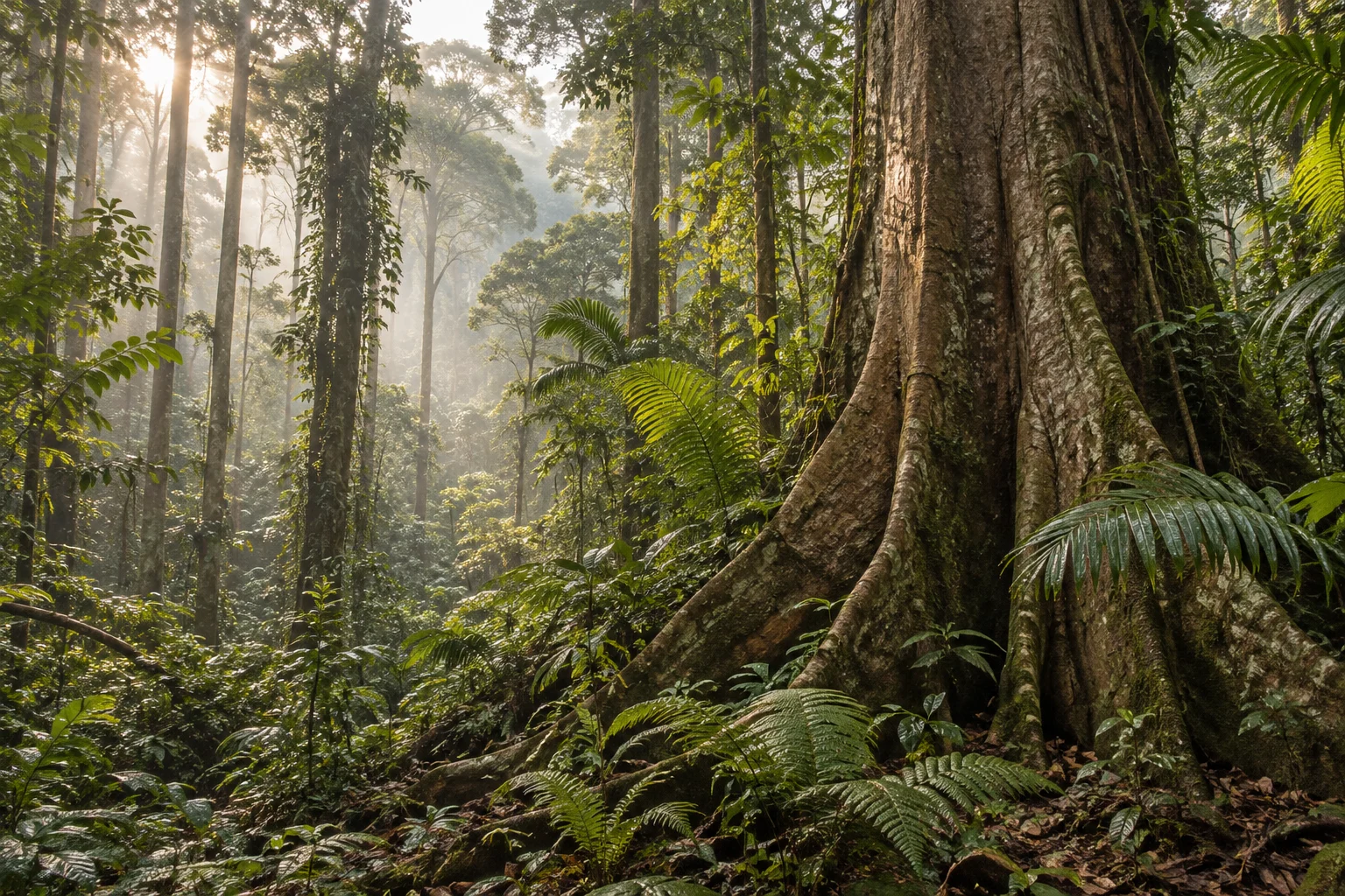 Rainforest tree trunks and tropical greenery